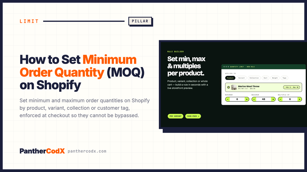 How to Set Minimum Order Quantity (MOQ) on Shopify — PantherCodX guide cover