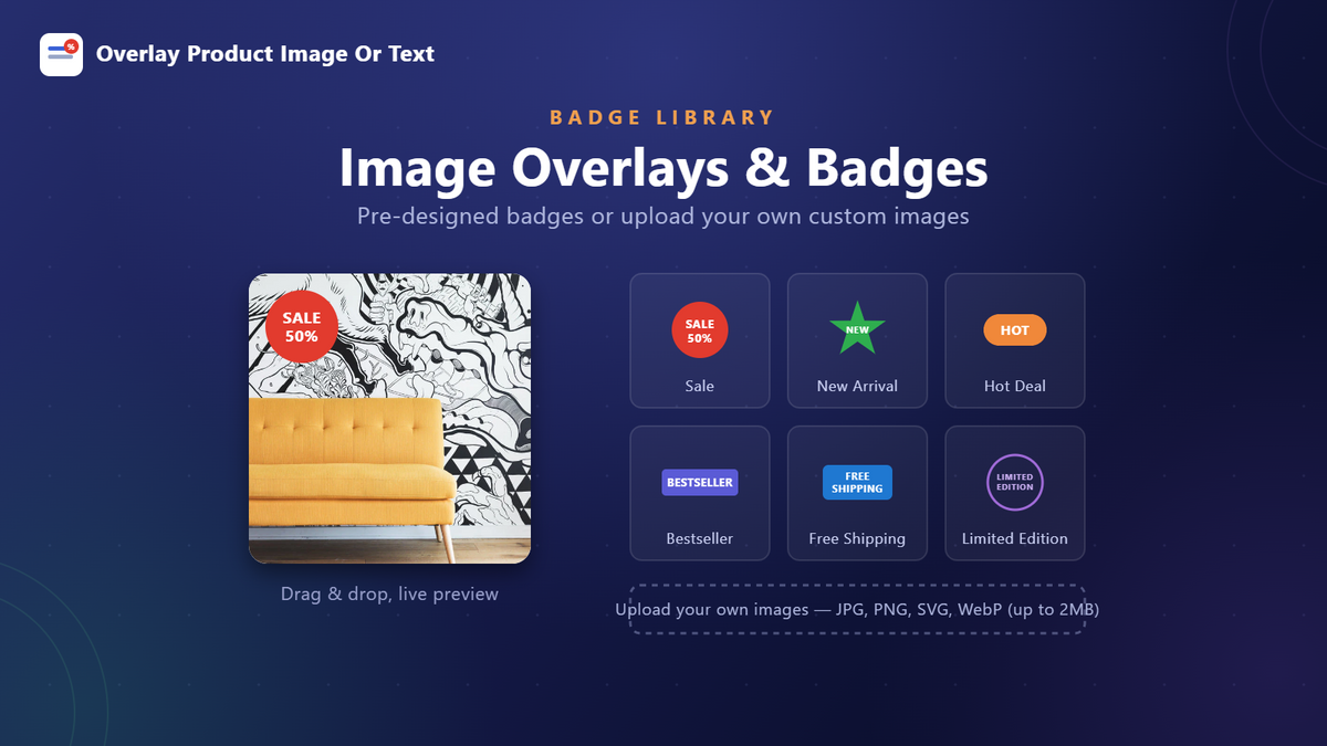 Pre-designed product badge library for Shopify — sale, new arrival, hot deal, bestseller, free shipping and limited edition badges, plus custom image upload