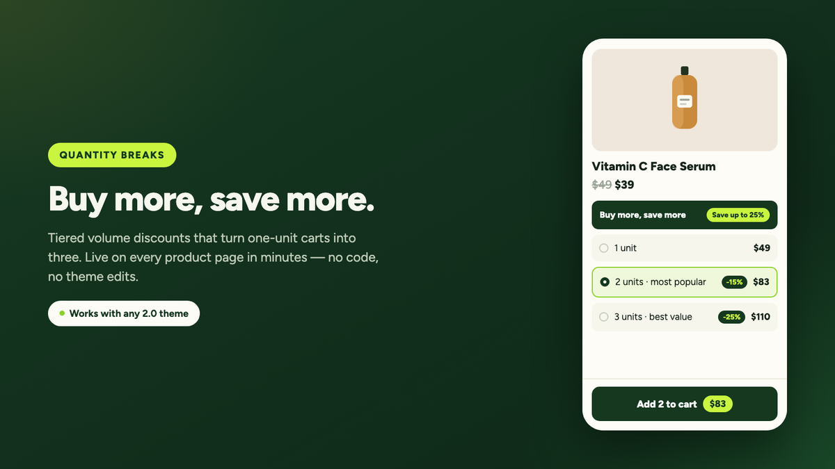 Quantity break tiers on a mobile product page