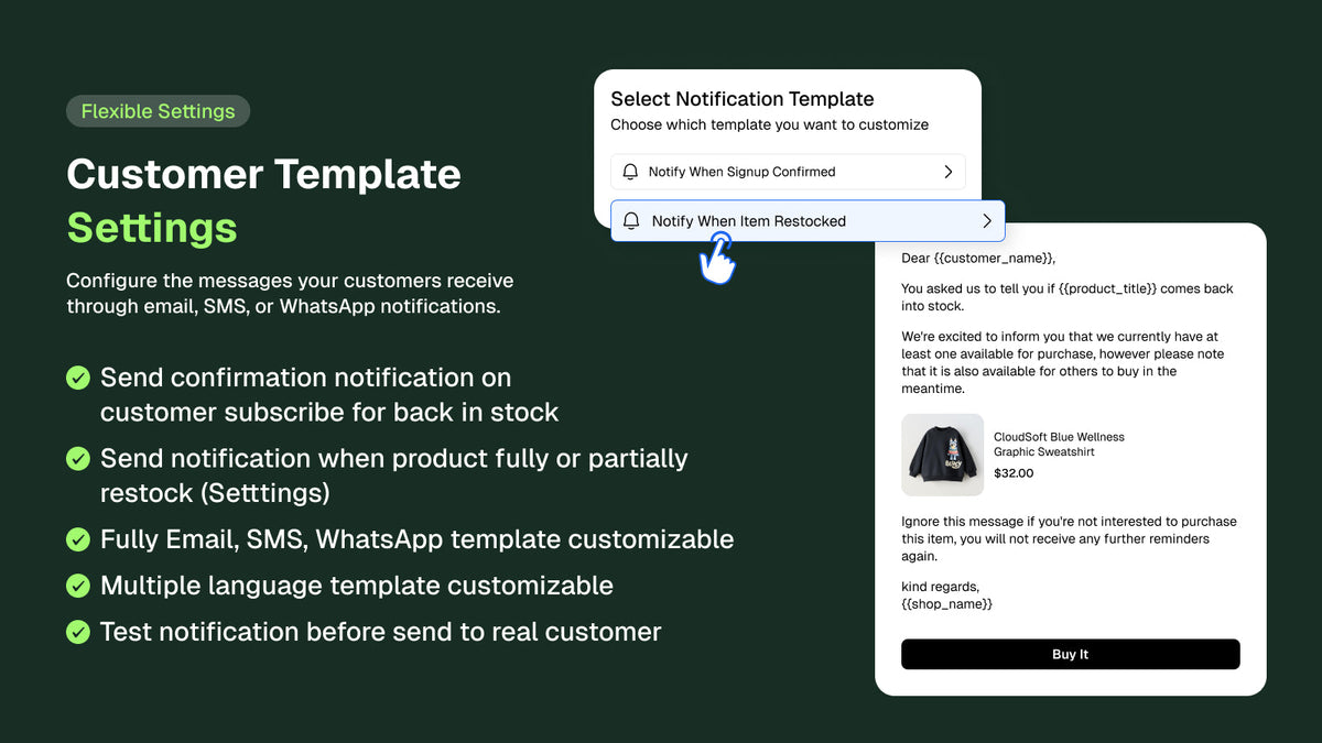Customizable back in stock email template for Shopify — edit the signup confirmation and restock notification messages sent by email, SMS and WhatsApp