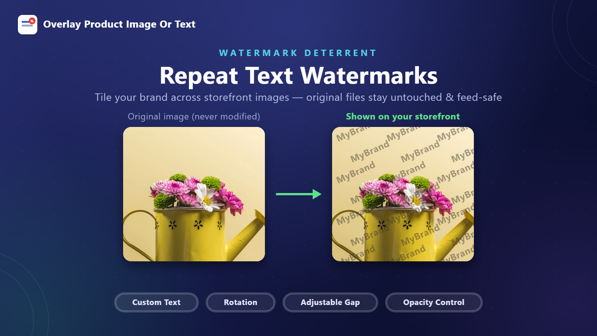 Repeat text watermark tiled across a Shopify storefront image while the original product file stays unmodified and feed-safe