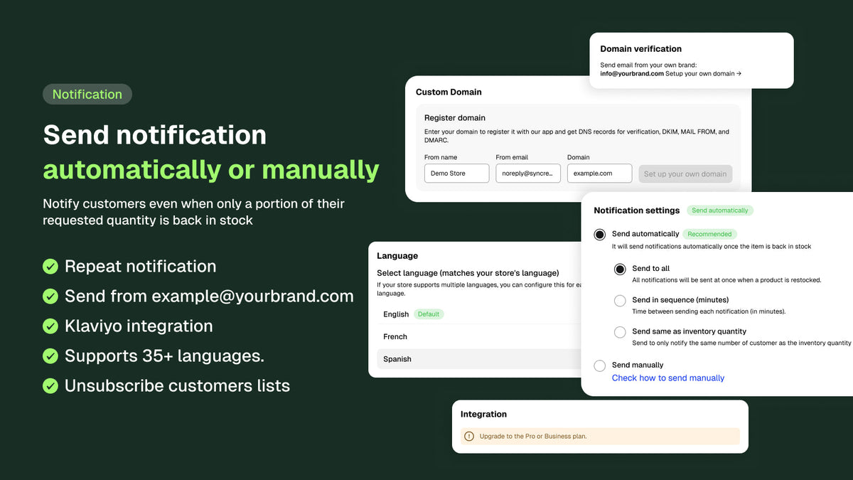 Restock notification settings — send back in stock alerts automatically or manually, from your own branded domain, with Klaviyo integration and multi-language support