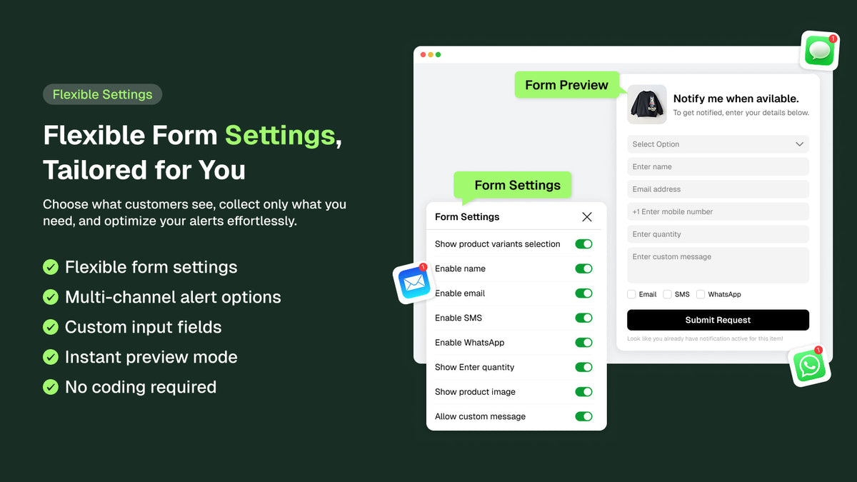 Notify Me signup form settings for Shopify — toggle name, email, SMS, WhatsApp, quantity and custom message fields, with a live form preview