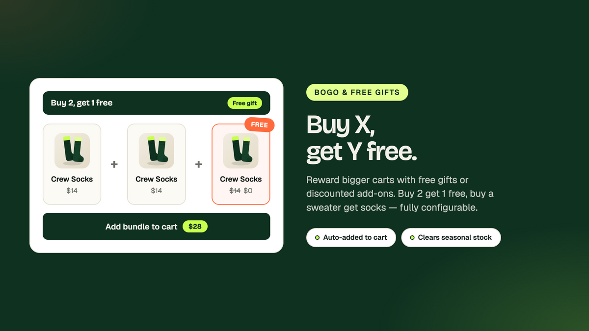 BOGO and free gift bundle on Shopify — buy 2 crew socks get 1 free, with the gift auto-added to cart